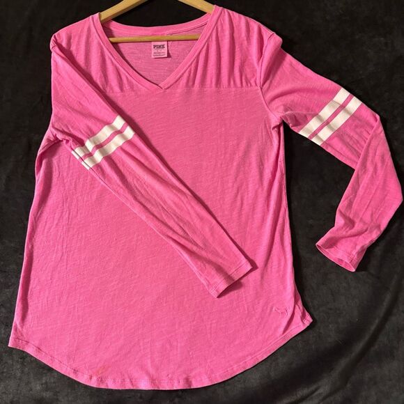 PINK Victoria’s Secret Small Varsity Stripe Long Sleeve Tee, Hot Pink - Cozy Fit - Picture 9 of 11